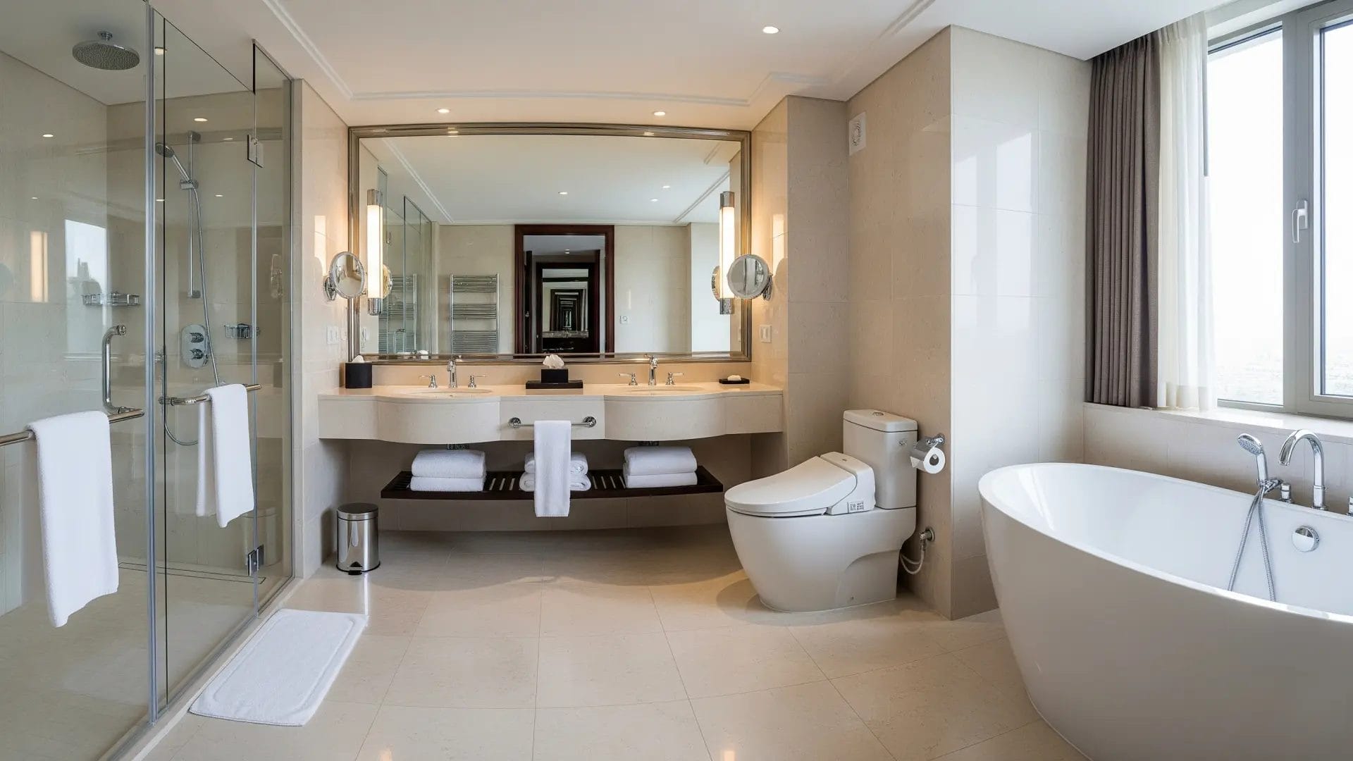This wide-angle shot shows a complete high-end hotel suite bathroom. A contemporary hotel toilet is seamlessly integrated alongside a freestanding bathtub, a walk-in shower, and a double vanity, showcasing a complete and luxurious bathroom solution.
