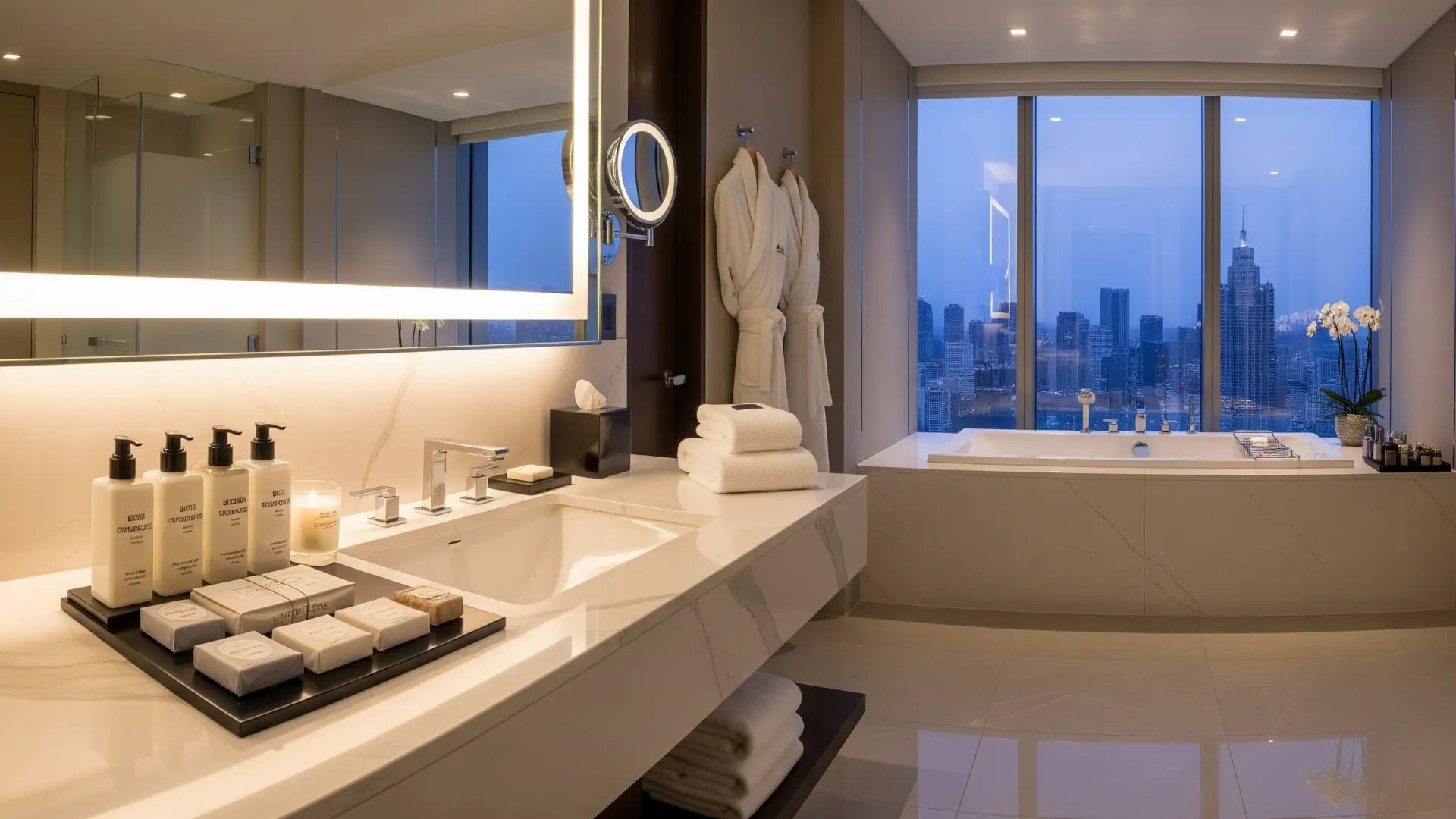 A set of hotel bathroom amenities with a modern and minimalist design, perfect for contemporary hotel interiors to enhance the guest room experience.