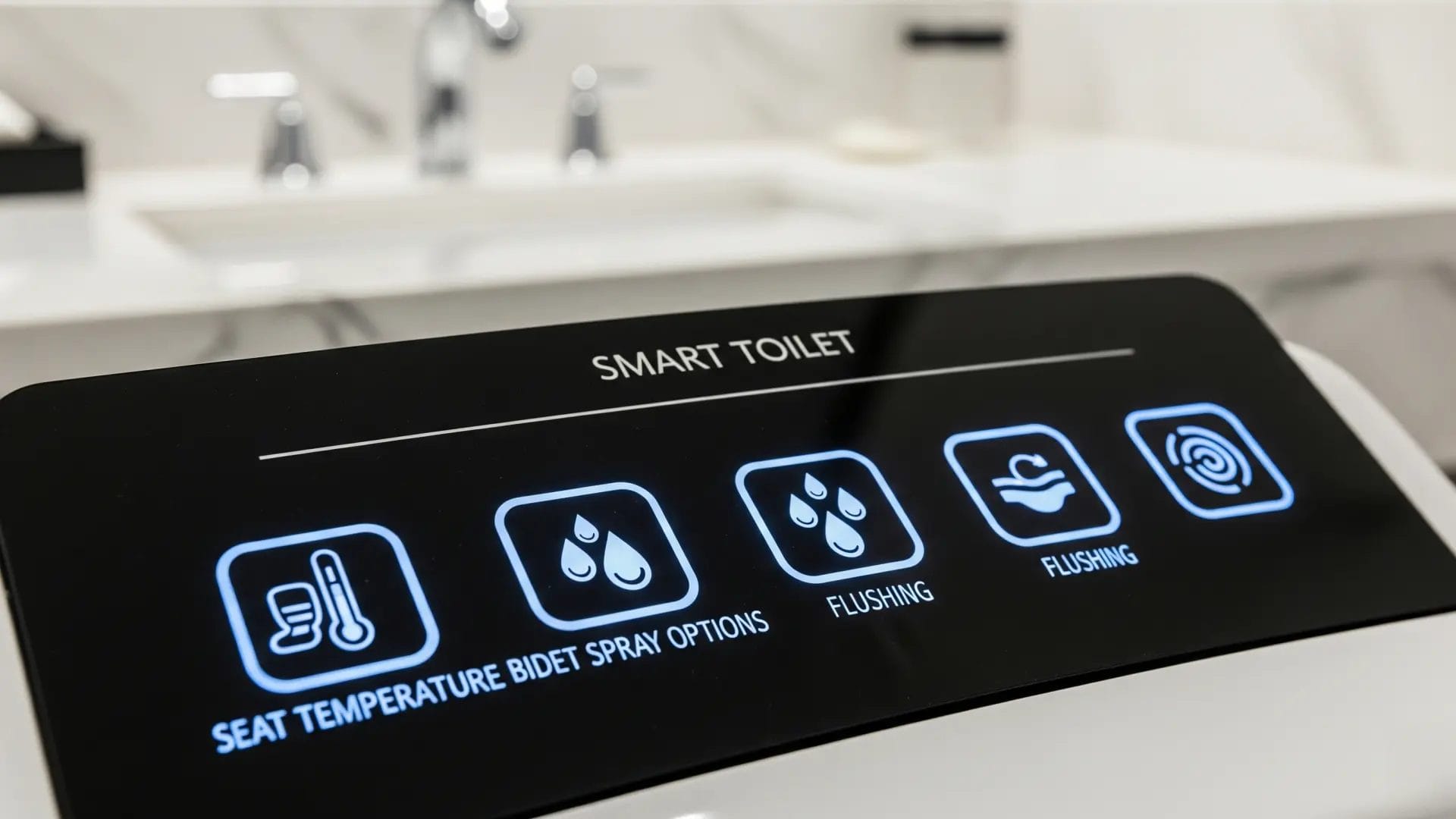 A close-up view of a smart hotel toilet's control panel, featuring a sleek, backlit interface with icons for bidet spray, seat temperature, and flushing. This image highlights the user-friendly technology of modern hotel toilets.