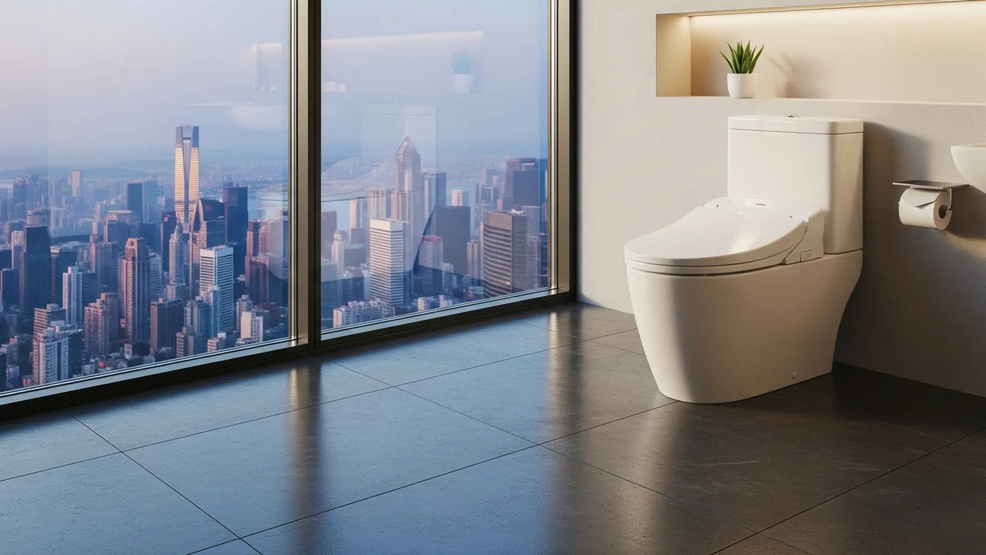 A stylish hotel toilet is positioned to take advantage of a breathtaking panoramic view of a city skyline. The image highlights how elegant design and thoughtful placement can elevate the guest experience of hotel toilets.