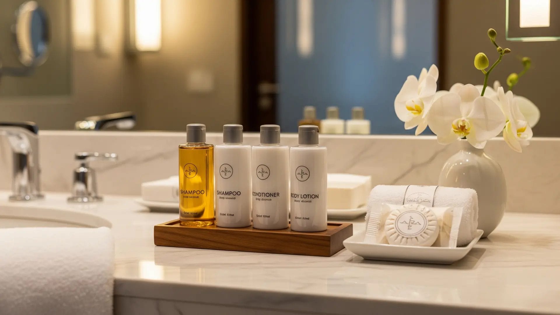 A complete set of luxury hotel bathroom amenities arranged on a marble countertop, including shampoo, conditioner, body wash, and lotion, designed for ultimate guest comfort.