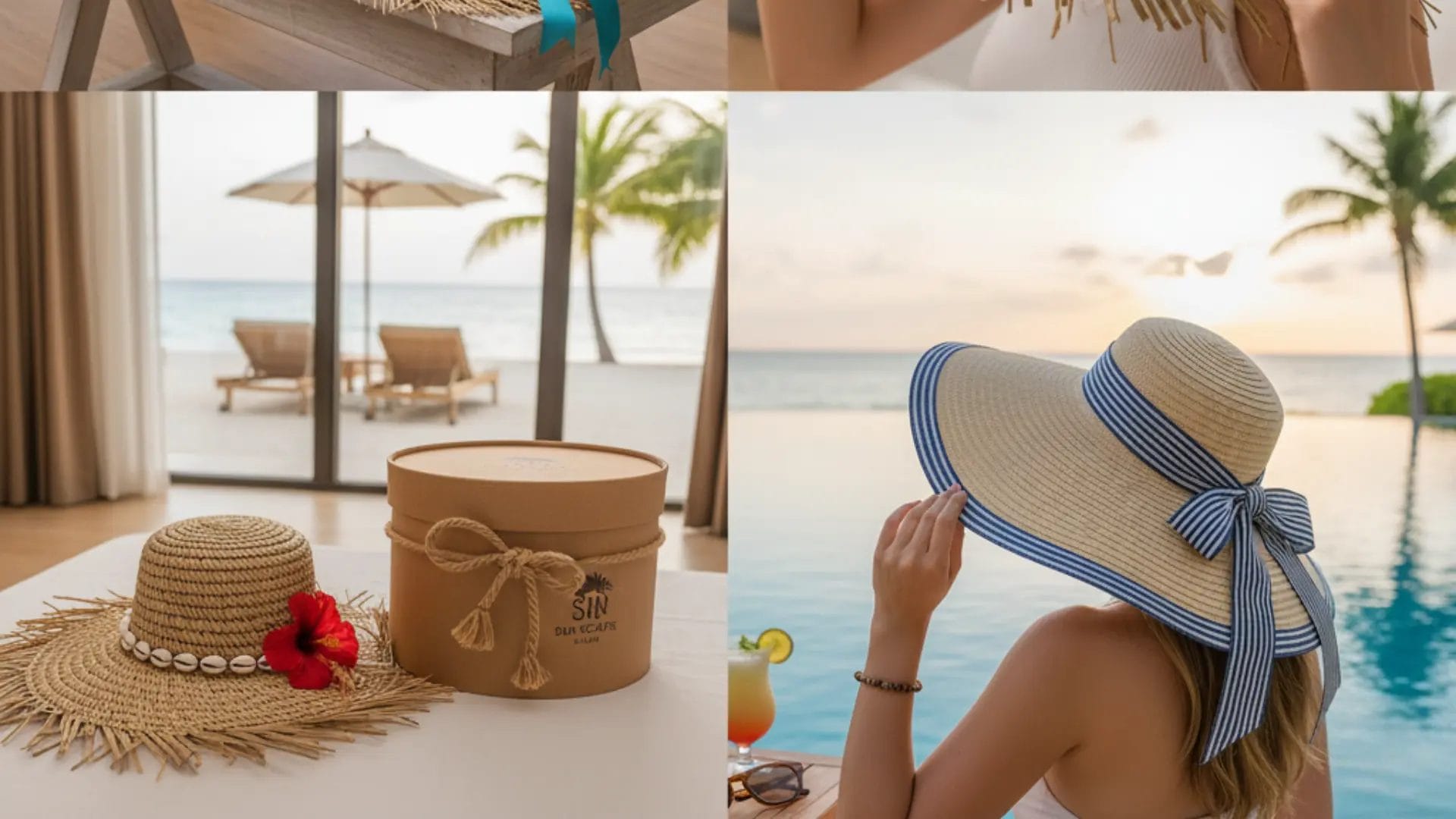 A beautiful Beach Straw Hat placed on a neatly made hotel bed in a sunlit room, presented as a luxurious and practical Hotel Sun Hat welcome gift for arriving guests.