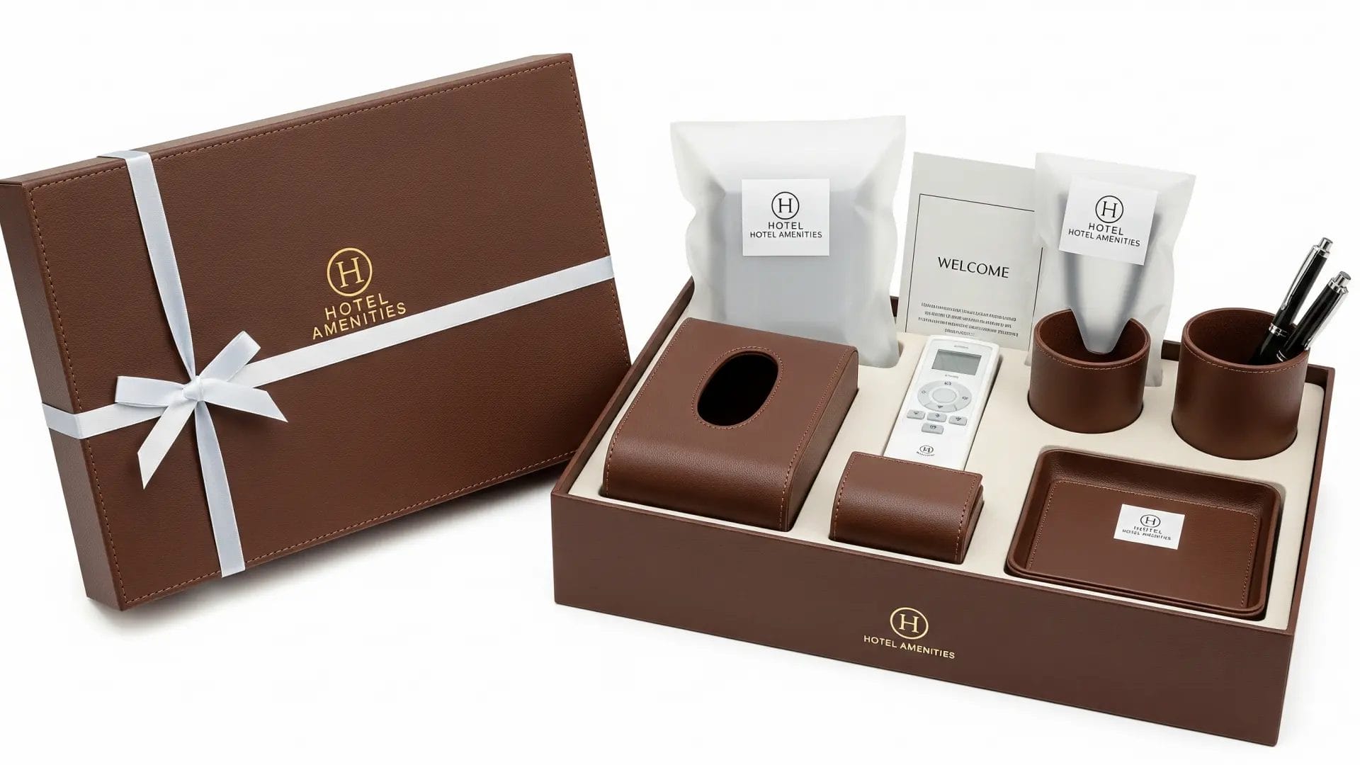 A beautifully packaged leather hotel room amenities set presented in an elegant gift box, offering a premium and welcoming touch for hotel guests upon arrival.