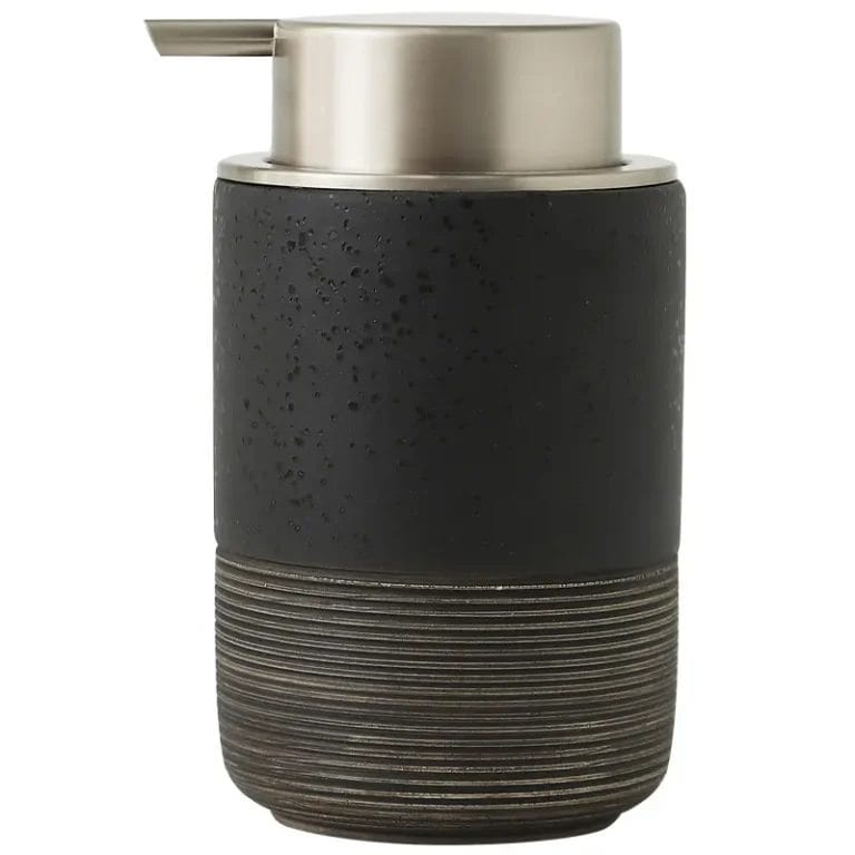 A close-up of the durable and modern matte black pump mechanism on a white ceramic Foaming Soap Dispenser, highlighting its premium, non-corrosive finish.