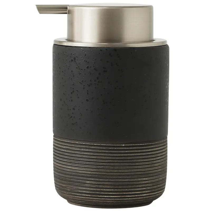 A close-up of the durable and modern matte black pump mechanism on a white ceramic Foaming Soap Dispenser, highlighting its premium, non-corrosive finish.