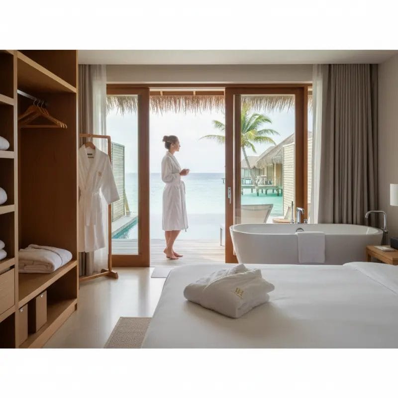 A white, high-quality Hotel Bathrobe made of terry cloth hanging on the back of a marble bathroom door, showcasing a classic style of Guestroom Robes.