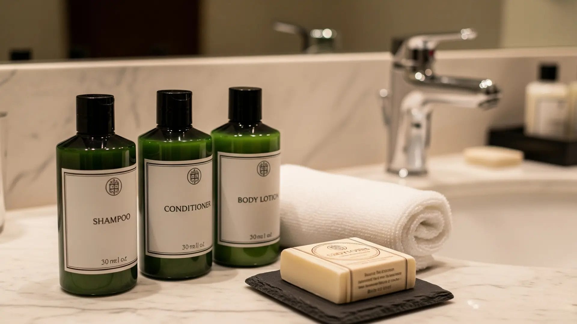 Close-up of a premium collection of hotel bathroom amenities in stylish packaging, highlighting the quality and elegance of products offered in upscale accommodations.