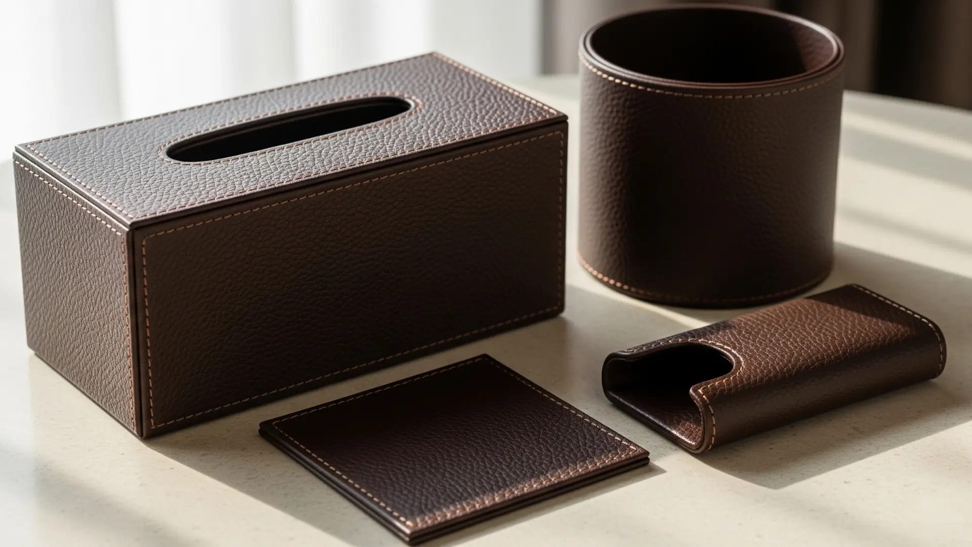 A detailed close-up of a premium PU leather hotel room amenities set, showcasing the fine stitching and rich texture of the coordinated guest room accessories.