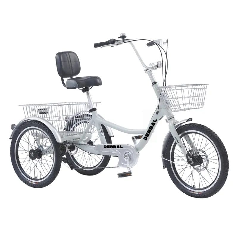 A three-quarter view of the DERBAL Hotel Housekeeping & Service Tricycle, showcasing its robust steel frame, large rear storage cabinet, and front utility basket.