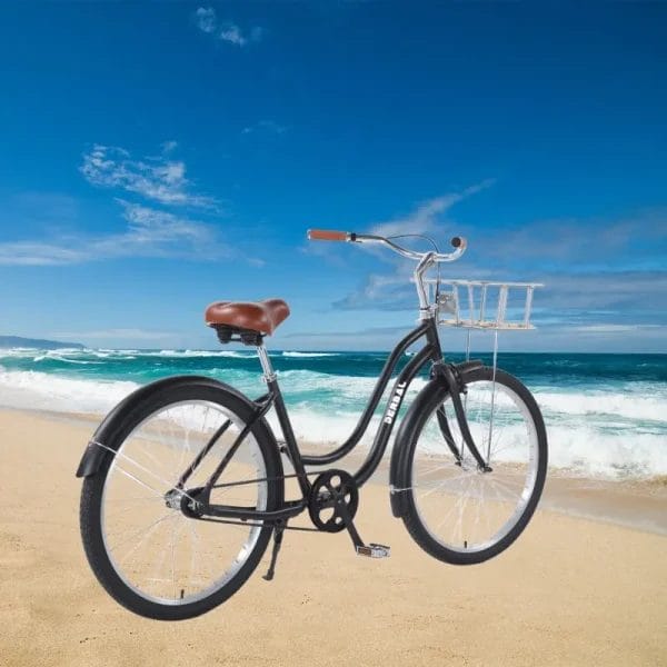 A close view of the ultralight, rustproof aluminum frame and stainless steel spokes of the Coast Cruiser Hotel Bicycles, showcasing their durability against coastal elements.