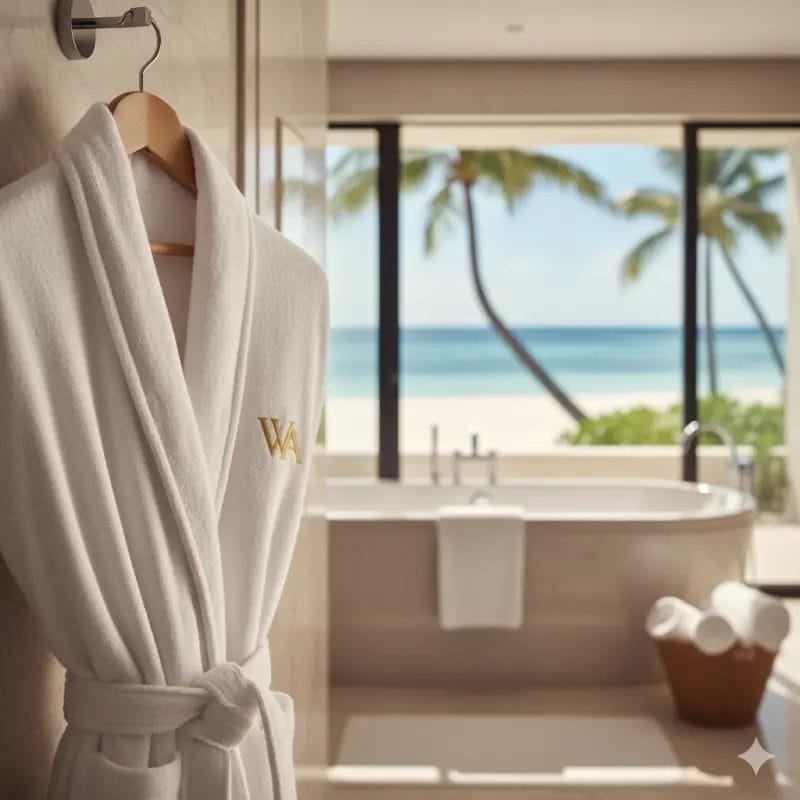 A detailed view of the plush shawl collar and deep pockets of a premium Hotel Bathrobe, highlighting the quality construction of five-star Guestroom Robes.