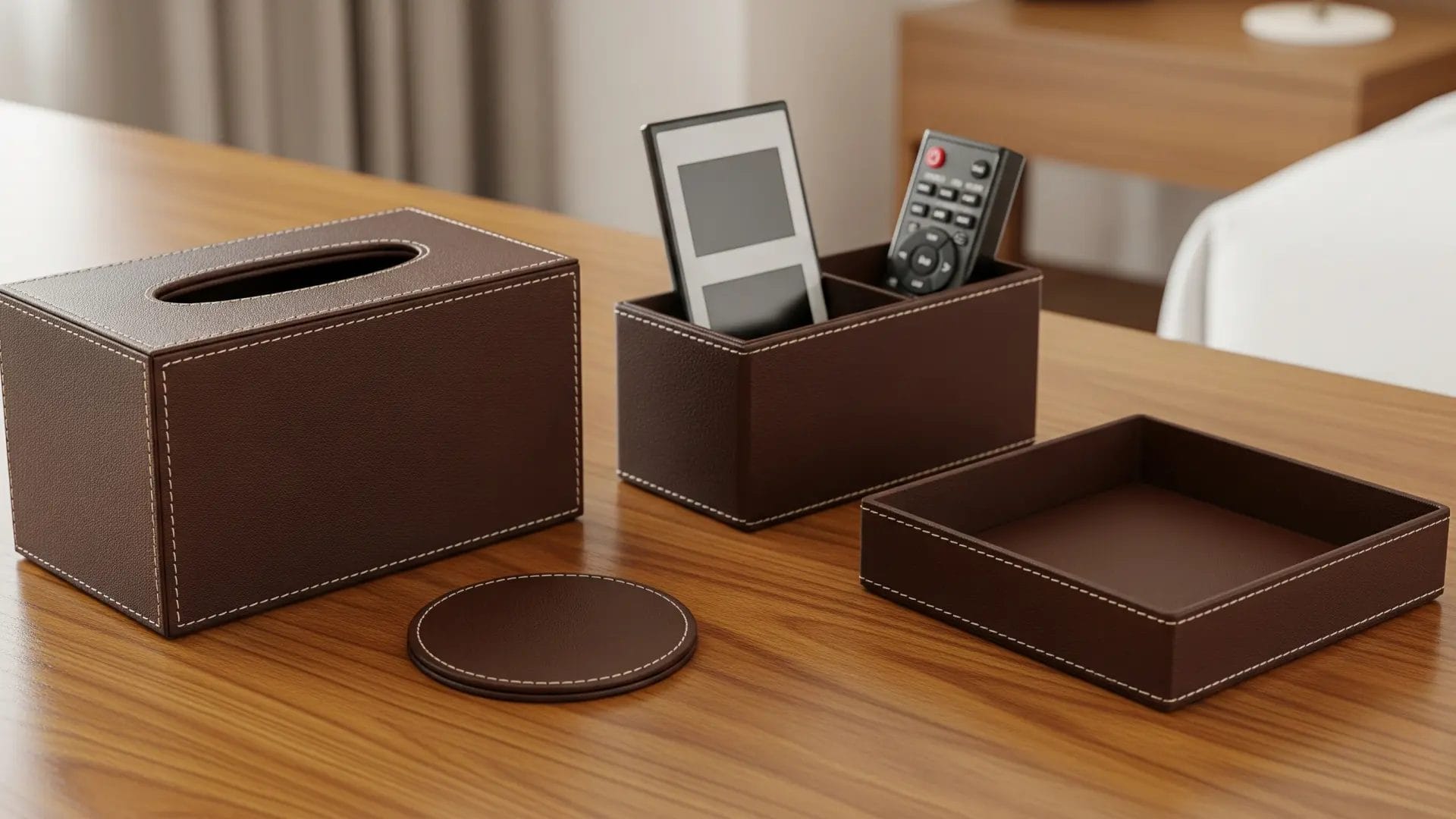 A sophisticated leather hotel room amenities set, including a remote holder and tissue cover, viewed from a modern angle to highlight its sleek design and functionality within a hotel room.