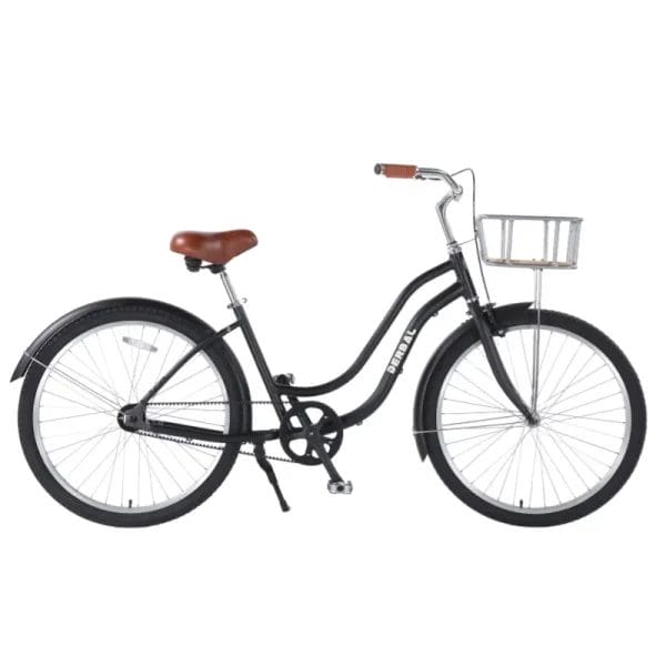 A side-by-side view of the elegant step-through and classic diamond frame styles of the rustproof Coast Cruiser Hotel Bicycles, ready for guest use at a luxury resort.