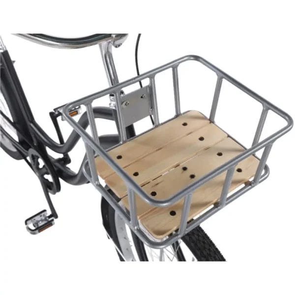 The spacious and stylish Super Luxury Aluminum Alloy Front Basket mounted on the front of a Coast Cruiser Hotel Bicycle, perfect for carrying guest belongings.