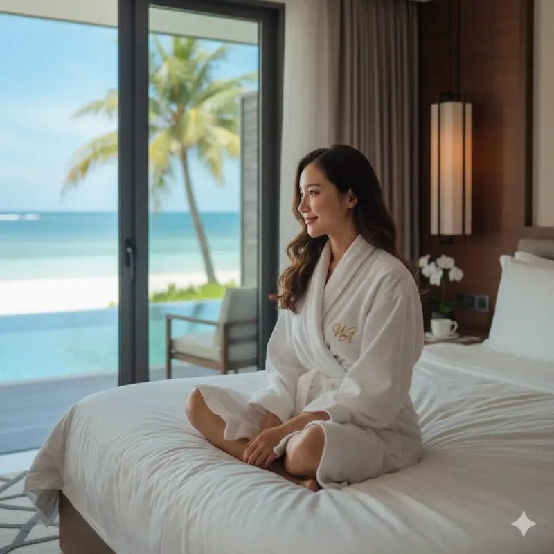 A pristine Hotel Bathrobe laid out invitingly on the bed of a hotel suite, a classic and welcoming presentation for luxury Guestroom Robes.