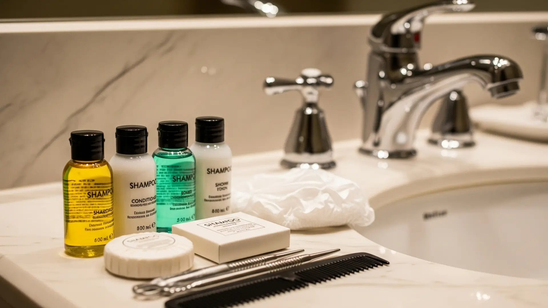 An assortment of bulk hotel bathroom amenities, showcasing the variety available for wholesale purchase, including custom branding options for hotels and resorts.