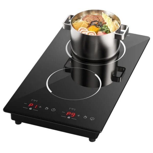 A close-up of the sleek 2 burner induction cooktops surface, showcasing the durable Microcrystalline glass panel and touch controls.