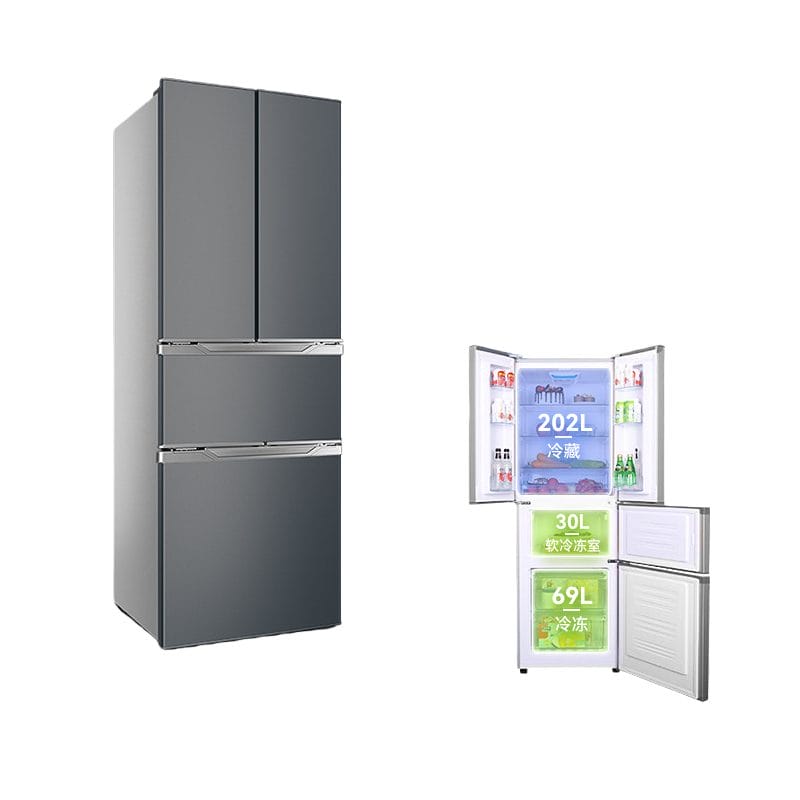 A side-profile of the Four-door refrigerator (630x531x1750mm), illustrating its space-saving vertical design.