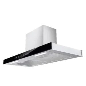 A view of the Kitchen Range Hood installed in a compact kitchenette, emphasizing its high Air Flow rate and seamless integration.