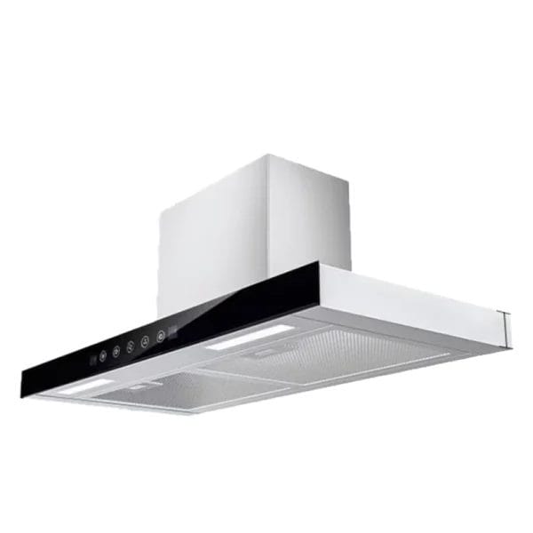 A view of the Kitchen Range Hood installed in a compact kitchenette, emphasizing its high Air Flow rate and seamless integration.