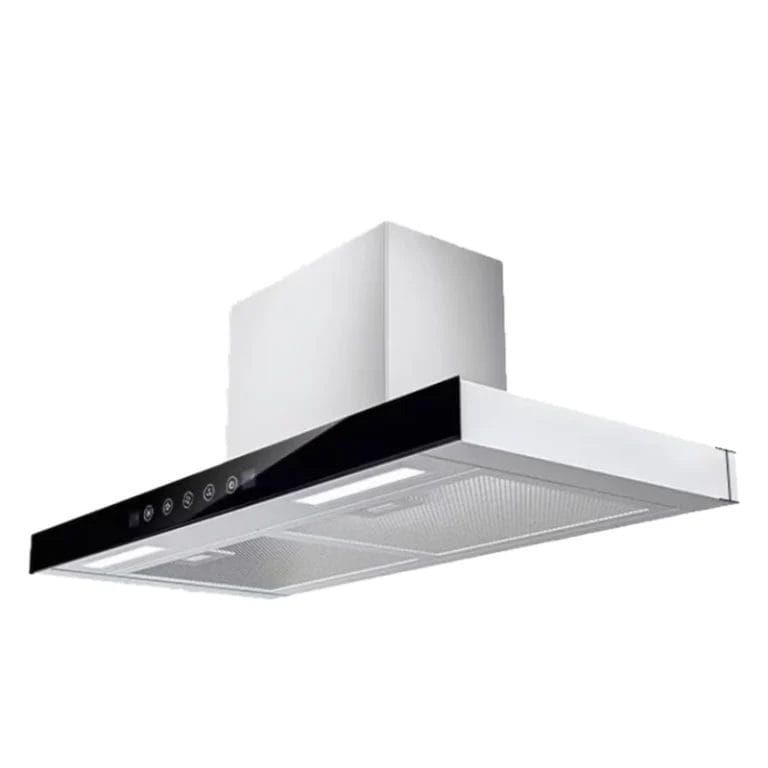 A view of the Kitchen Range Hood installed in a compact kitchenette, emphasizing its high Air Flow rate and seamless integration.