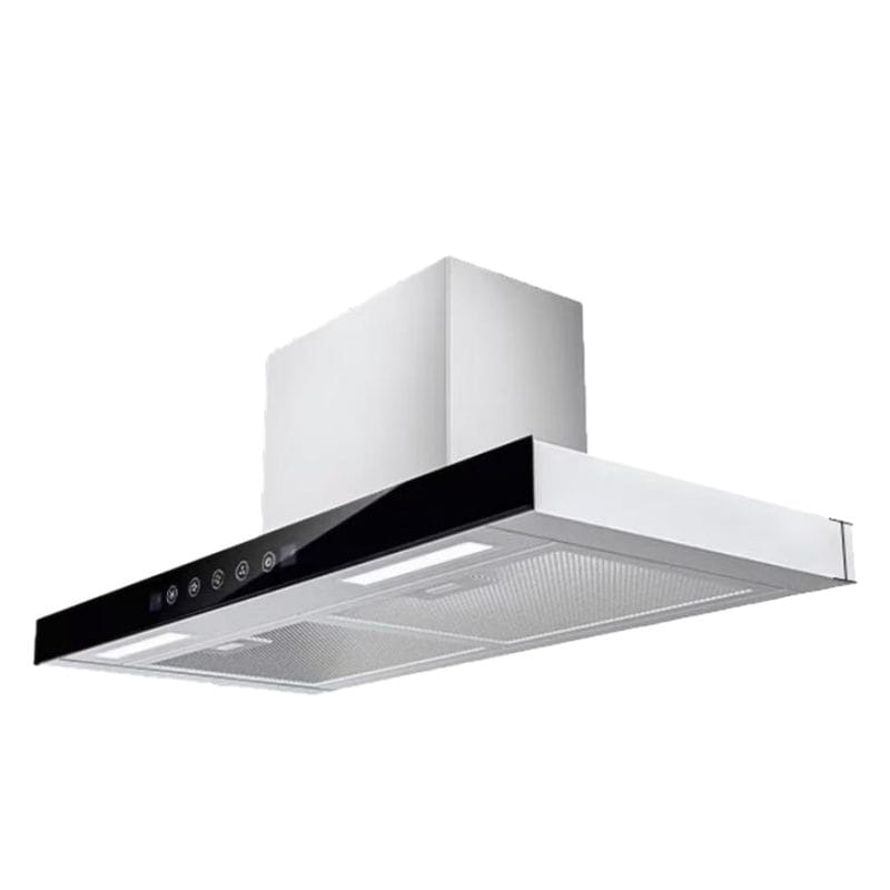 A view of the Kitchen Range Hood installed in a compact kitchenette, emphasizing its high Air Flow rate and seamless integration.