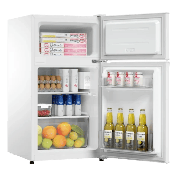 The compact HaiEr MINI FRIDGE being installed or integrated seamlessly into a small guestroom cabinet or custom millwork.