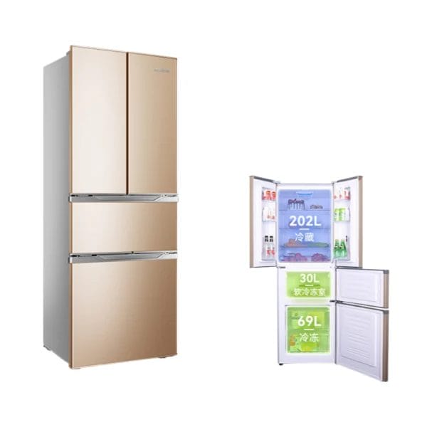 A close-up of the interior organization within the Four-door refrigerator, showcasing the dedicated compartments and stable temperature.