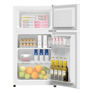 The open door of the HaiEr MINI FRIDGE revealing organized shelving and the dual Refrigeration and freezing functions.
