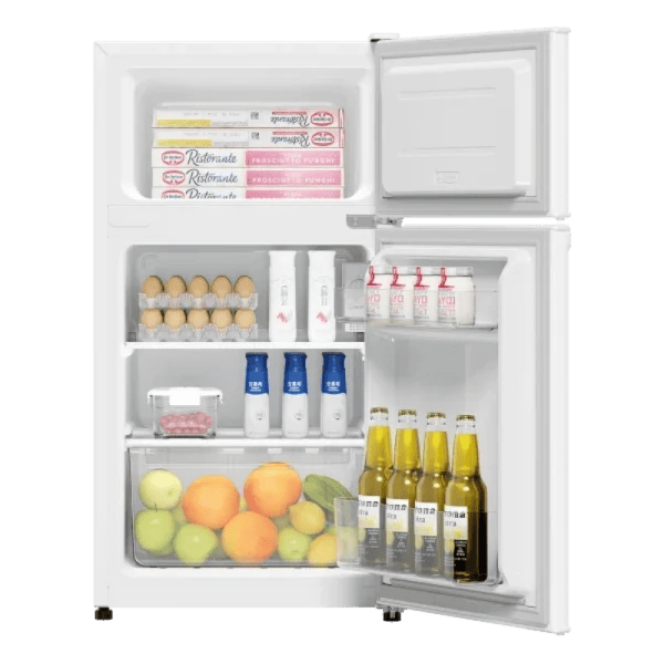The open door of the HaiEr MINI FRIDGE revealing organized shelving and the dual Refrigeration and freezing functions.