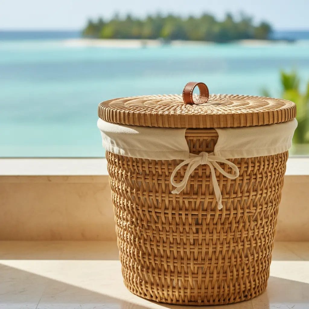 A beautifully crafted, dark brown Hotel Rattan Laundry Basket with a lid sits elegantly in the corner of a sunlit, five-star guest room, complementing the decor and serving as a stylish wicker laundry hamper.