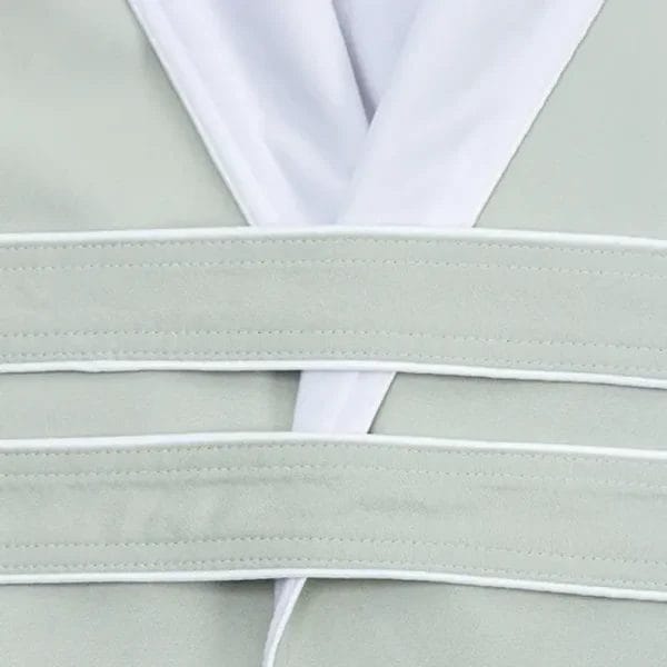Guest wearing elegant Hotel Microfiber Bathrobe with perfect fit.