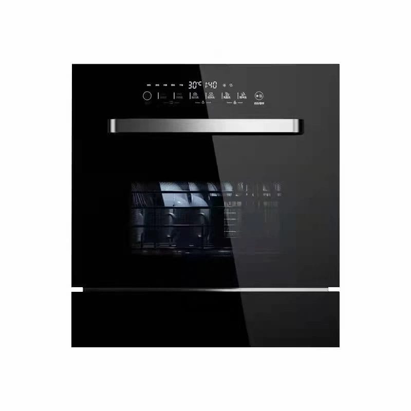 The sleek black tempered glass faceplate of the Hotel Dishwasher installed with embedded mounting in a commercial kitchen.
