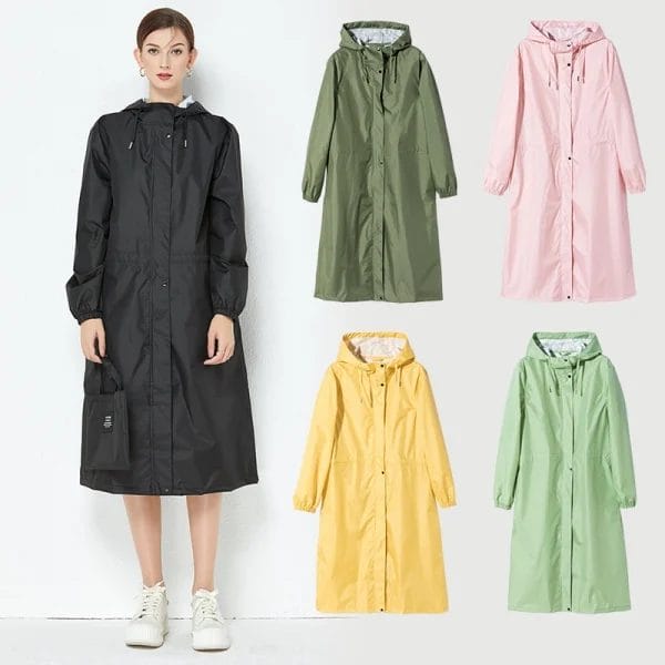 The Hotel Team Raincoat being worn in both a tropical rain setting and a colder, windy environment, showcasing its Four Seasons usability.