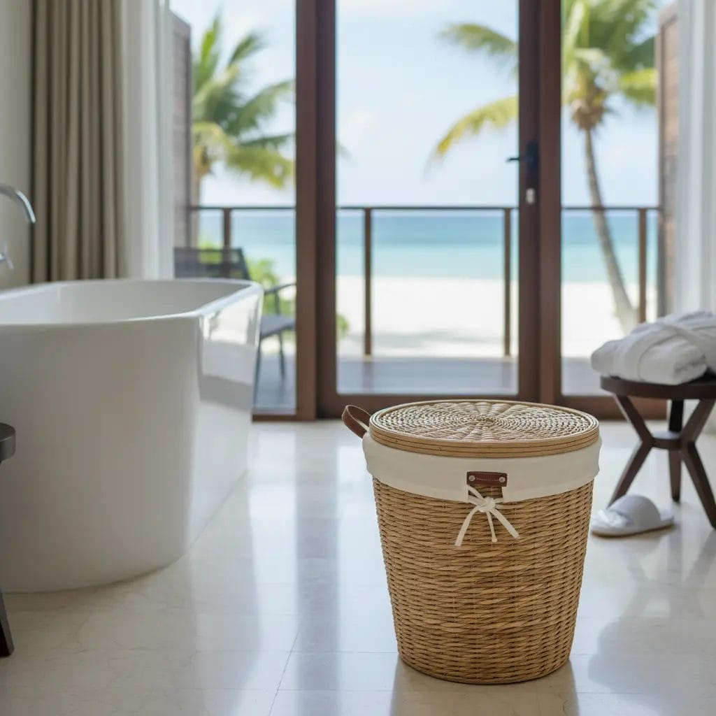 A close-up shot of a Hotel Rattan Laundry Basket, showing the clean, white, removable cotton liner being lifted out. This highlights the practical and hygienic design essential for a guest room hamper.