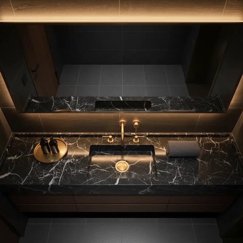 A spacious and luxurious hotel suite bathroom featuring a wide double vanity with two matching rectangular under-mount hotel wash basins, offering convenience for couples or families.