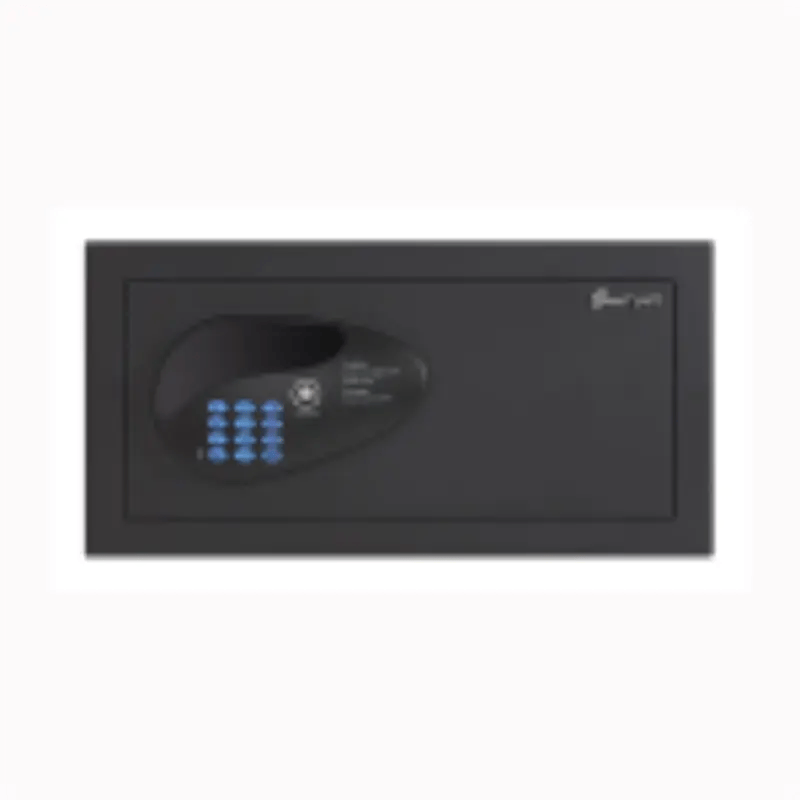 The glowing, ADA-compliant blue keypad of the Electronic Hotel Safe – Guard, showing clear numbers for guest input.