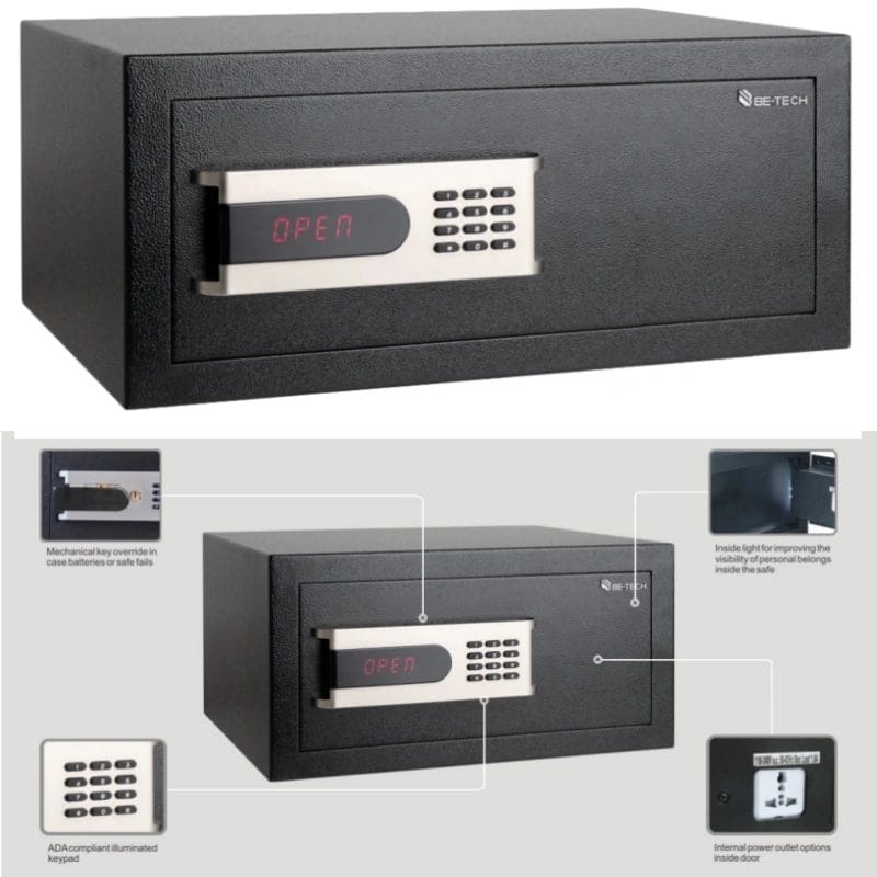 A detail shot inside the Electronic Hotel Safe showing the optional internal power outlet for secure device charging.