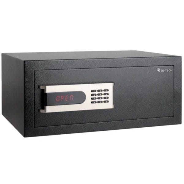 The open door of the Electronic Hotel Safe (Harmony 5HL model) with a 17-inch laptop placed inside, demonstrating its capacity.