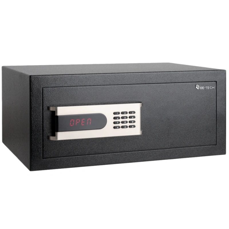 The open door of the Electronic Hotel Safe (Harmony 5HL model) with a 17-inch laptop placed inside, demonstrating its capacity.