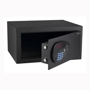 An open Electronic Hotel Safe – Guard (Guard 5GL model) securely storing a 17-inch laptop, demonstrating its generous capacity.