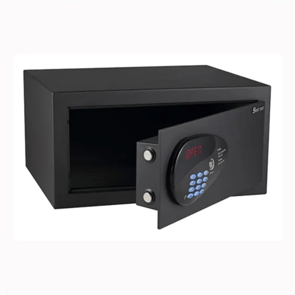 An open Electronic Hotel Safe – Guard (Guard 5GL model) securely storing a 17-inch laptop, demonstrating its generous capacity.