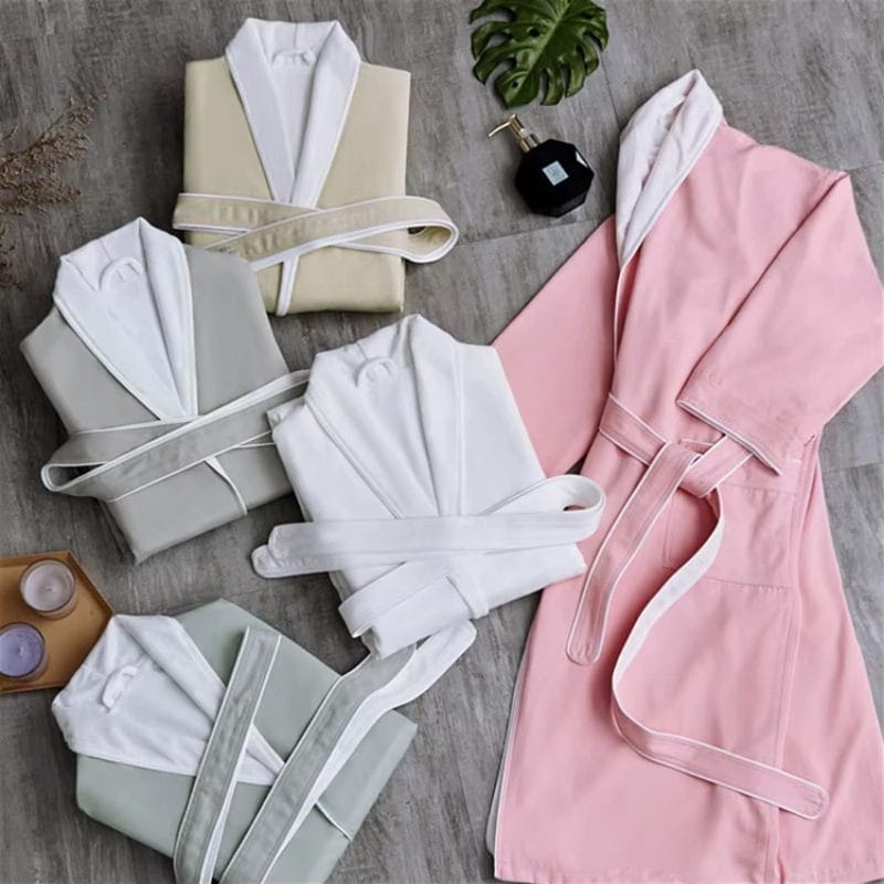 Pristine white lined microfiber bathrobe custom double layer hotel spa robe.