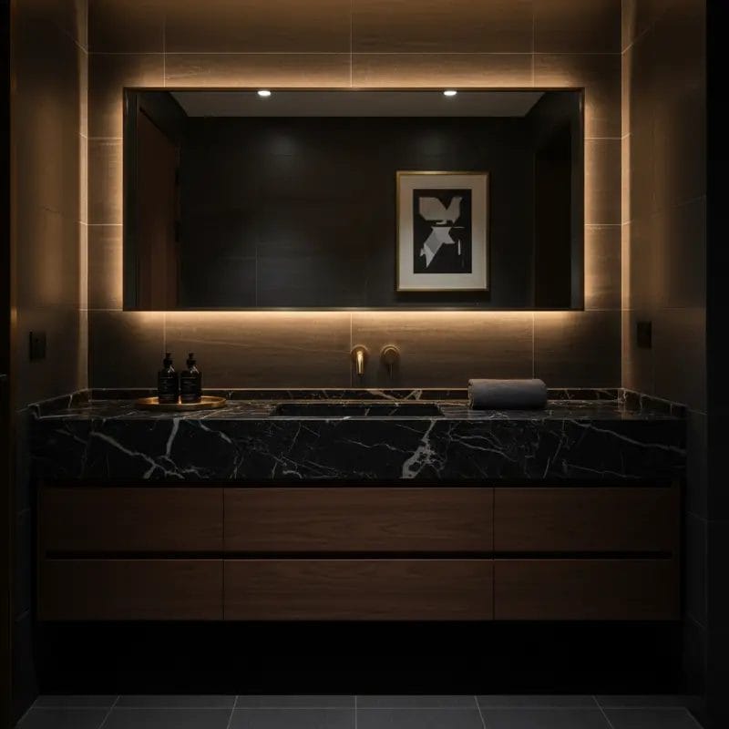 A stunning, handcrafted Luxury Stone Vessel Sink in polished marble, sitting atop a minimalist vanity, perfect for an upscale boutique hotel bathroom design.