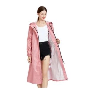 A full-length view of the Hotel Team Raincoat worn by a staff member, emphasizing its professional, uniform-matching style.