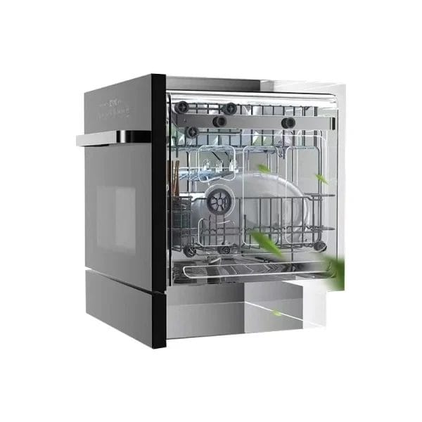 A detail shot of the Hotel Dishwasher door, illustrating the safety feature that immediately stops water and electricity when the door opens.