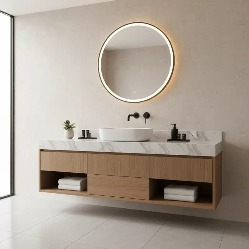 A clean and modern under-mount ceramic bathroom basin integrated seamlessly into a quartz countertop, showcasing easy-to-clean design for hotel guest rooms.