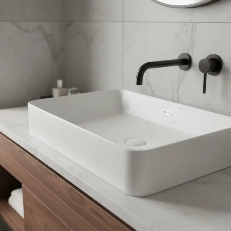 A smooth, seamless solid surface integrated sink and vanity unit, showcasing a modern, hygienic, and highly durable solution for hotel bathrooms.