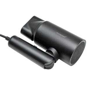 The Hotel Guestroom Hair Dryer with its handle folded, demonstrating its compact, space-saving design for easy hotel storage.