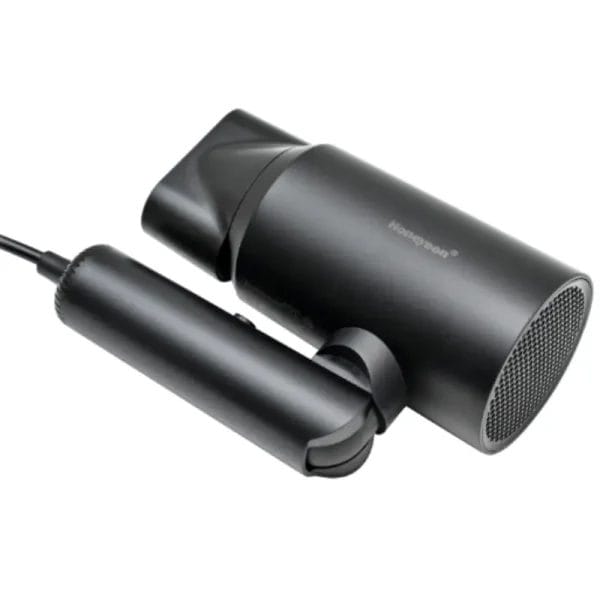 The Hotel Guestroom Hair Dryer with its handle folded, demonstrating its compact, space-saving design for easy hotel storage.